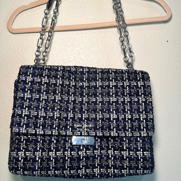 Kate Spade Blue Tweed XL Carlyle Shoulder Crossbody purse bag plaid metallic - Picture 1 of 15